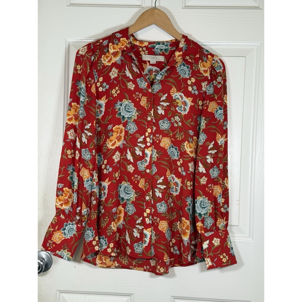 S Loft Red Blue Floral Boho Cottage Long Sleeve Top Office Spring Church Party